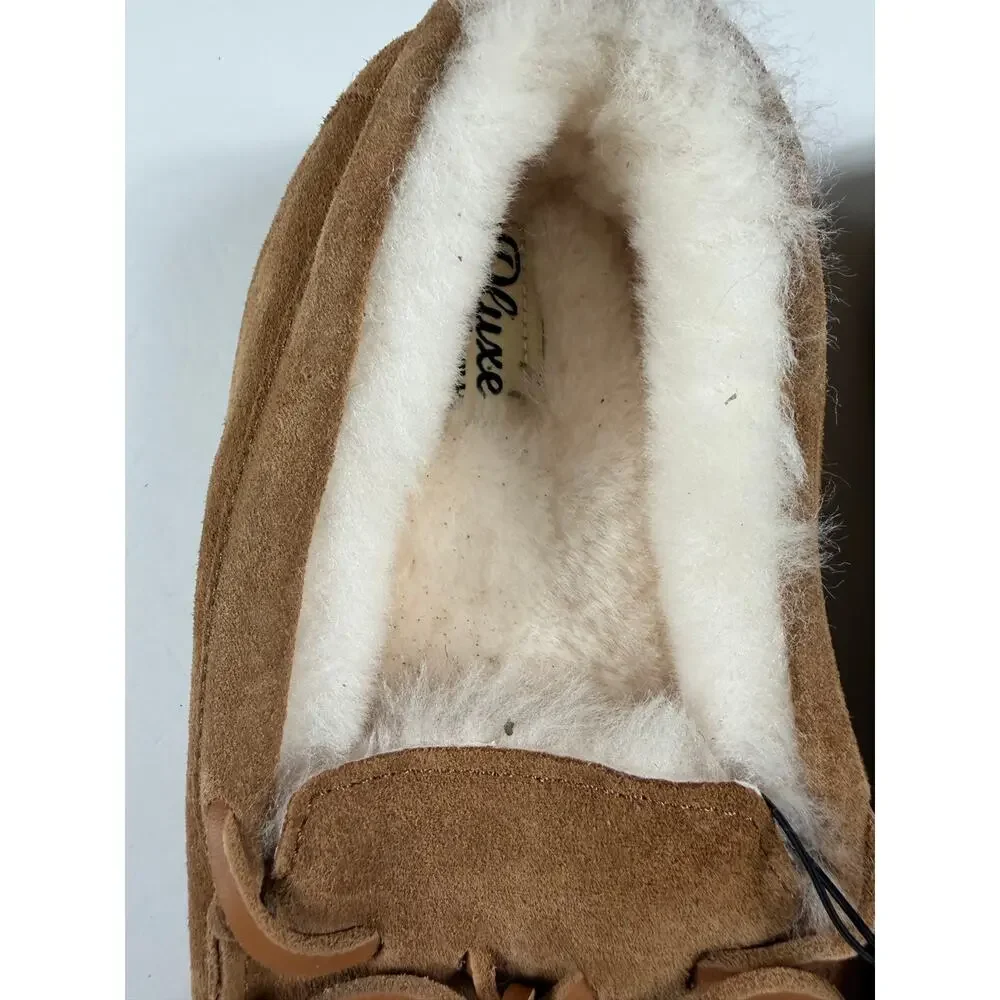 NEW Dearfoams Deluxe Genuine Suede Shearling Slippers Chestnut Size 12